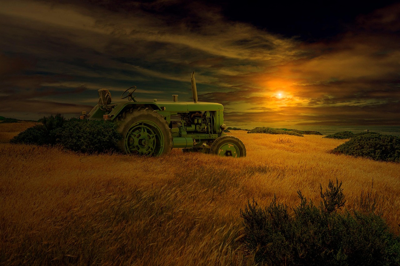 Trator trabalhando em lavoura ao pôr do sol